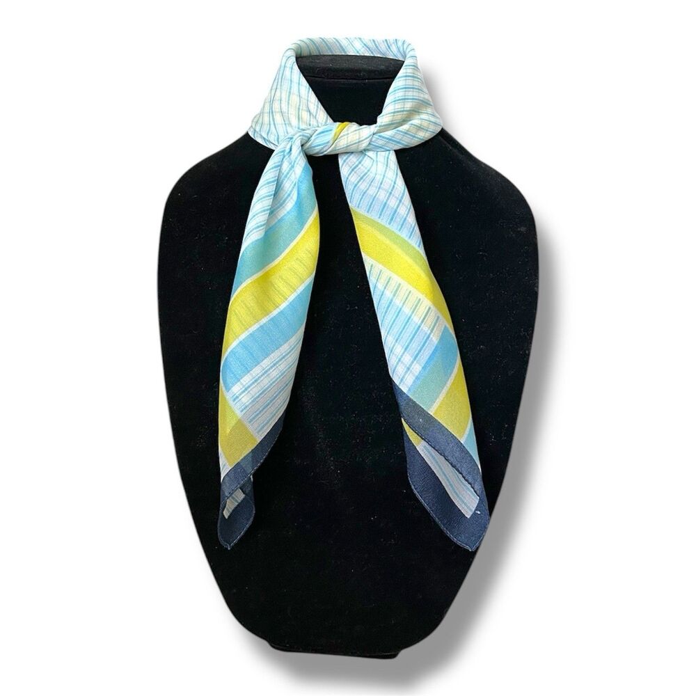 90's Vtg Yellow Blue Chiffon Silk Scarf 25” X 25.5” Women Square Scarve Tie